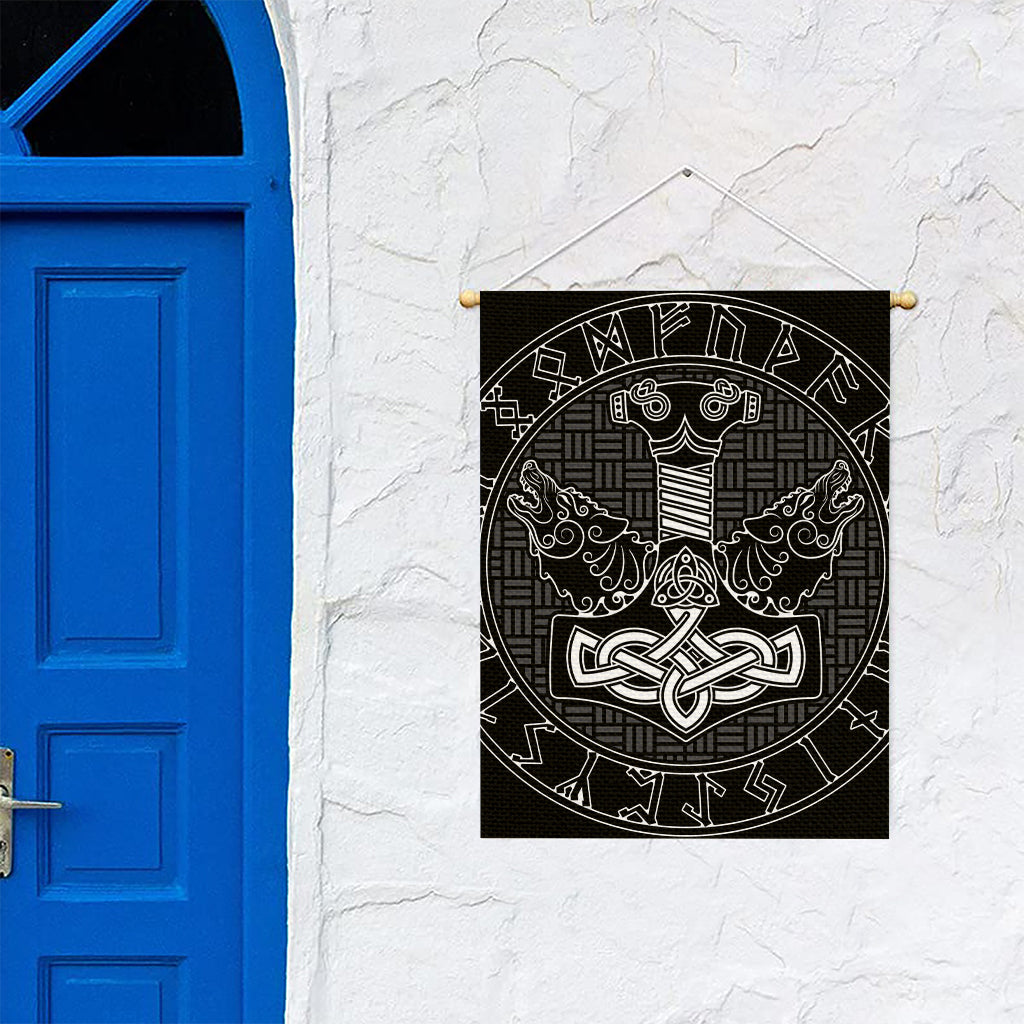 Mjolnir And Scandinavian Runes Print Garden Flag
