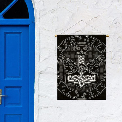 Mjolnir And Scandinavian Runes Print Garden Flag