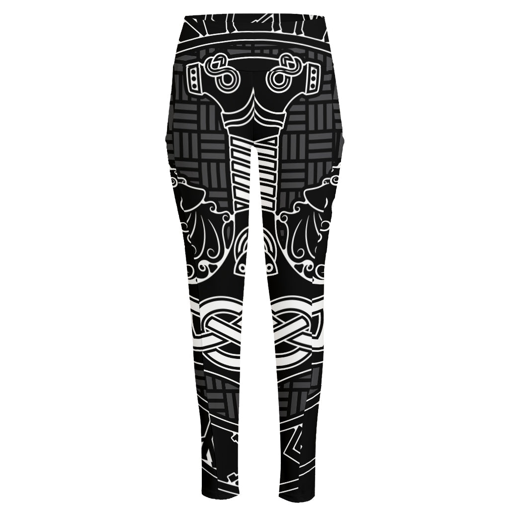 Mjolnir And Scandinavian Runes Print High-Waisted Pocket Leggings