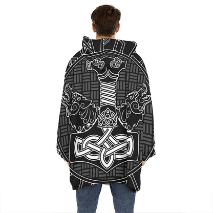 Mjolnir And Scandinavian Runes Print Hoodie Blanket