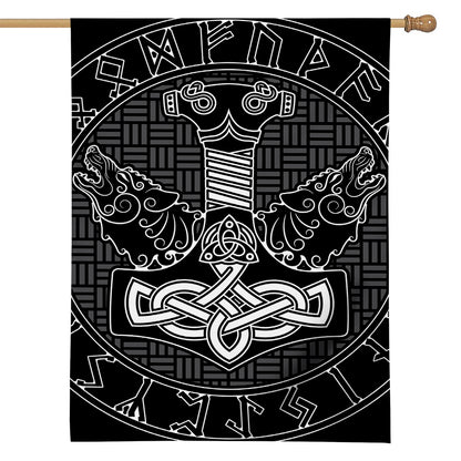 Mjolnir And Scandinavian Runes Print House Flag