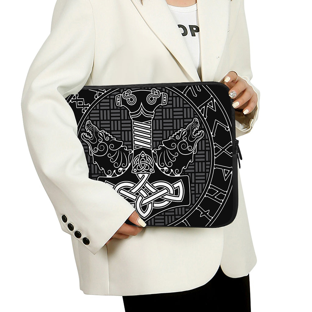 Mjolnir And Scandinavian Runes Print Laptop Sleeve