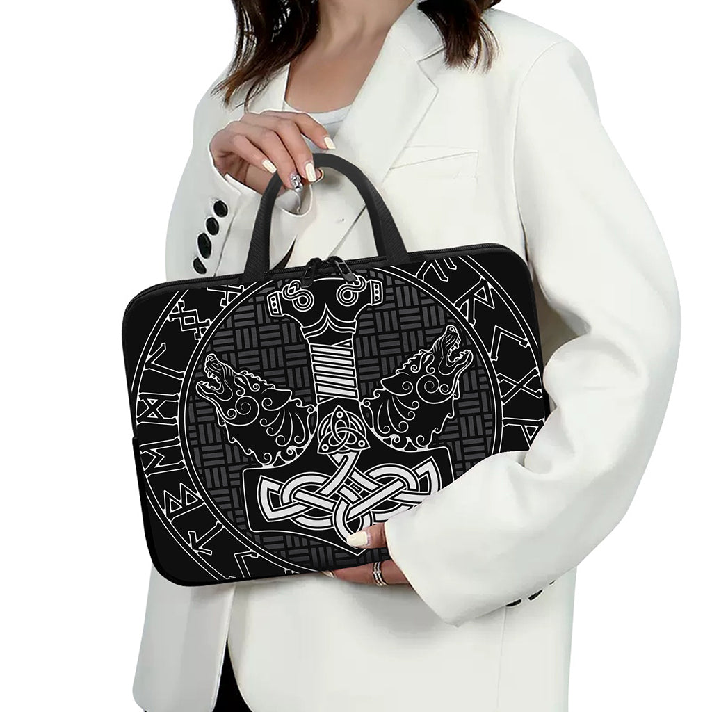 Mjolnir And Scandinavian Runes Print Laptop Sleeve With Handle