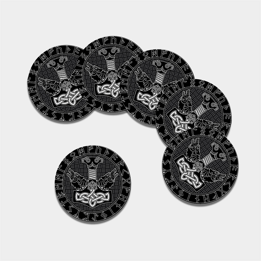 Mjolnir And Scandinavian Runes Print Leather Coaster Set