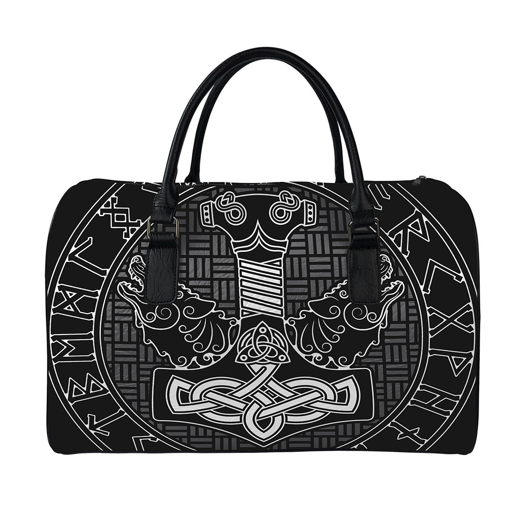 Mjolnir And Scandinavian Runes Print Leather Duffle Bag