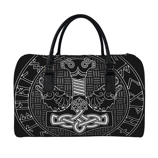 Mjolnir And Scandinavian Runes Print Leather Duffle Bag