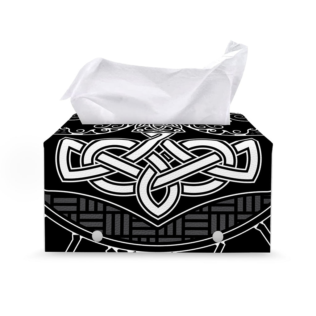 Mjolnir And Scandinavian Runes Print Leather Tissue Box Cover