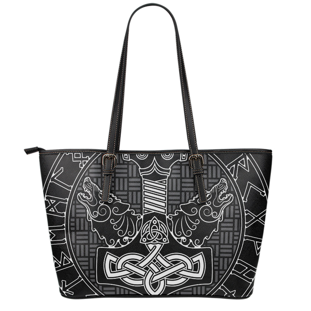Mjolnir And Scandinavian Runes Print Leather Tote Bag