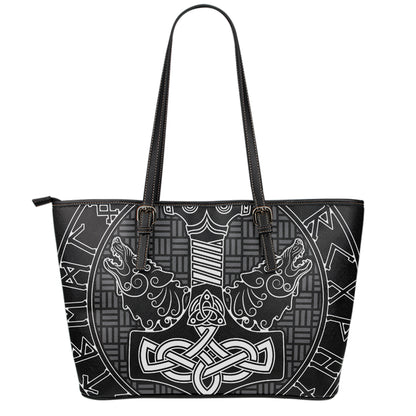 Mjolnir And Scandinavian Runes Print Leather Tote Bag