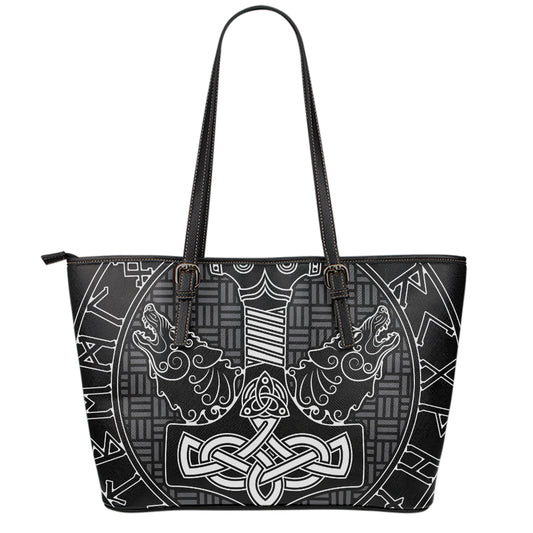 Mjolnir And Scandinavian Runes Print Leather Tote Bag