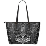 Mjolnir And Scandinavian Runes Print Leather Tote Bag