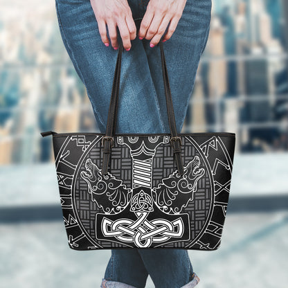 Mjolnir And Scandinavian Runes Print Leather Tote Bag