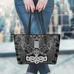 Mjolnir And Scandinavian Runes Print Leather Tote Bag