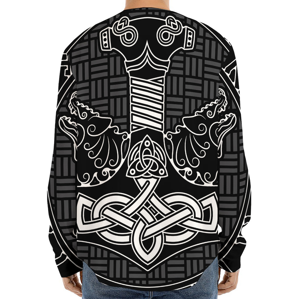 Mjolnir And Scandinavian Runes Print Long Sleeve Baseball Jersey