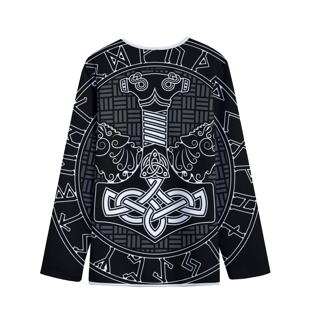 Mjolnir And Scandinavian Runes Print Long Sleeve Short Coat