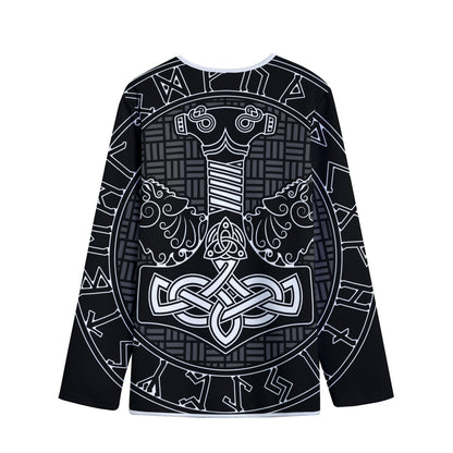 Mjolnir And Scandinavian Runes Print Long Sleeve Short Coat