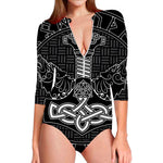 Mjolnir And Scandinavian Runes Print Long Sleeve Swimsuit