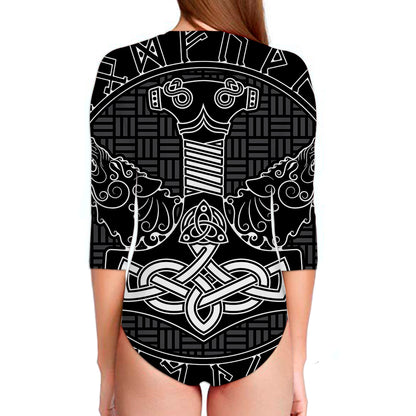 Mjolnir And Scandinavian Runes Print Long Sleeve Swimsuit