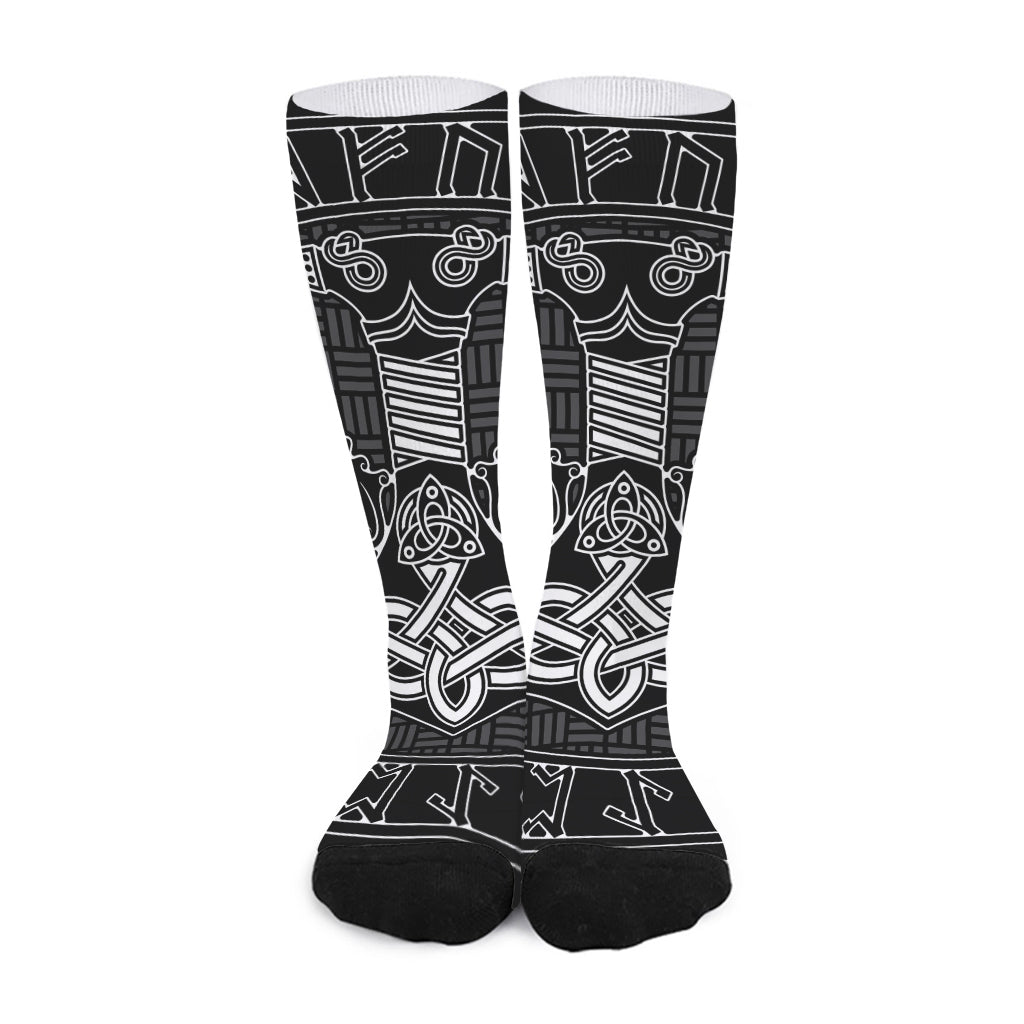 Mjolnir And Scandinavian Runes Print Long Socks