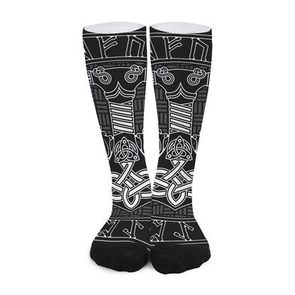 Mjolnir And Scandinavian Runes Print Long Socks