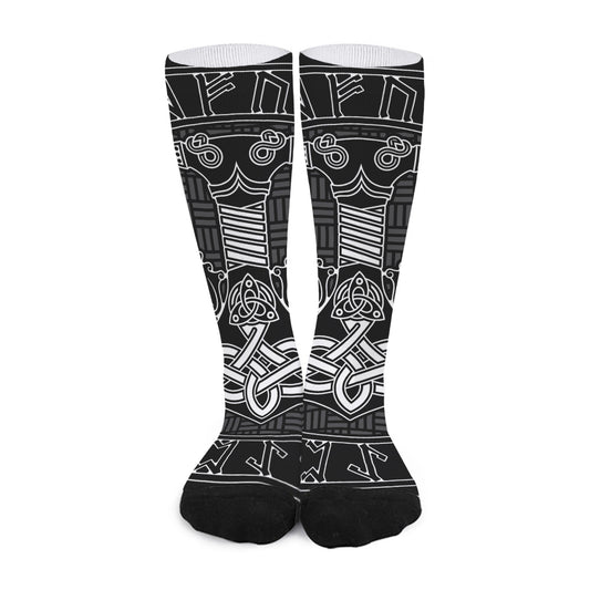 Mjolnir And Scandinavian Runes Print Long Socks