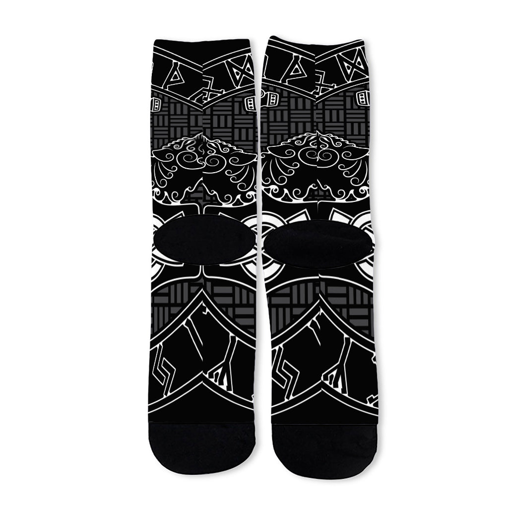 Mjolnir And Scandinavian Runes Print Long Socks