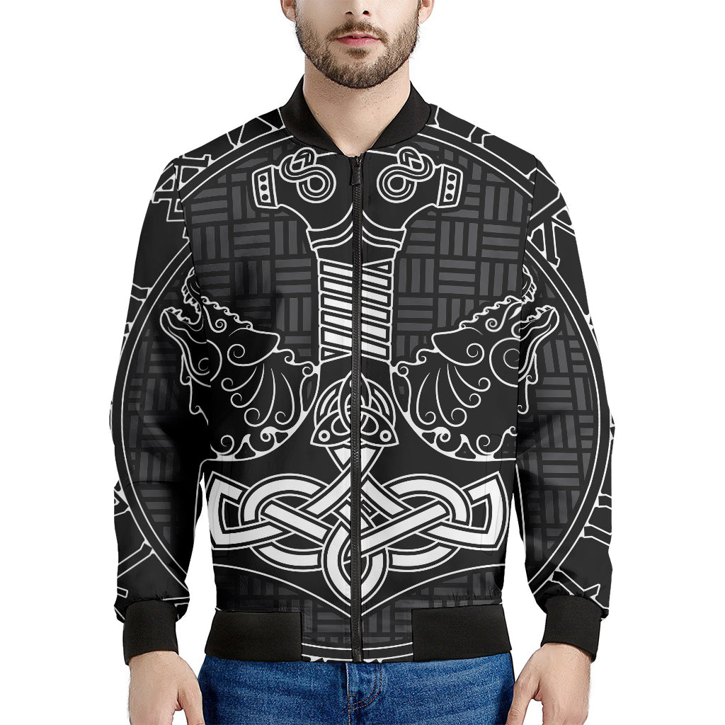 Mjolnir And Scandinavian Runes Print Men's Bomber Jacket