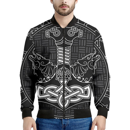 Mjolnir And Scandinavian Runes Print Men's Bomber Jacket