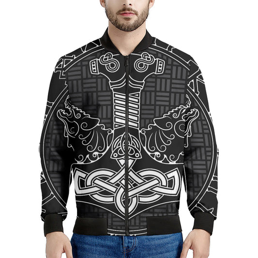 Mjolnir And Scandinavian Runes Print Men's Bomber Jacket