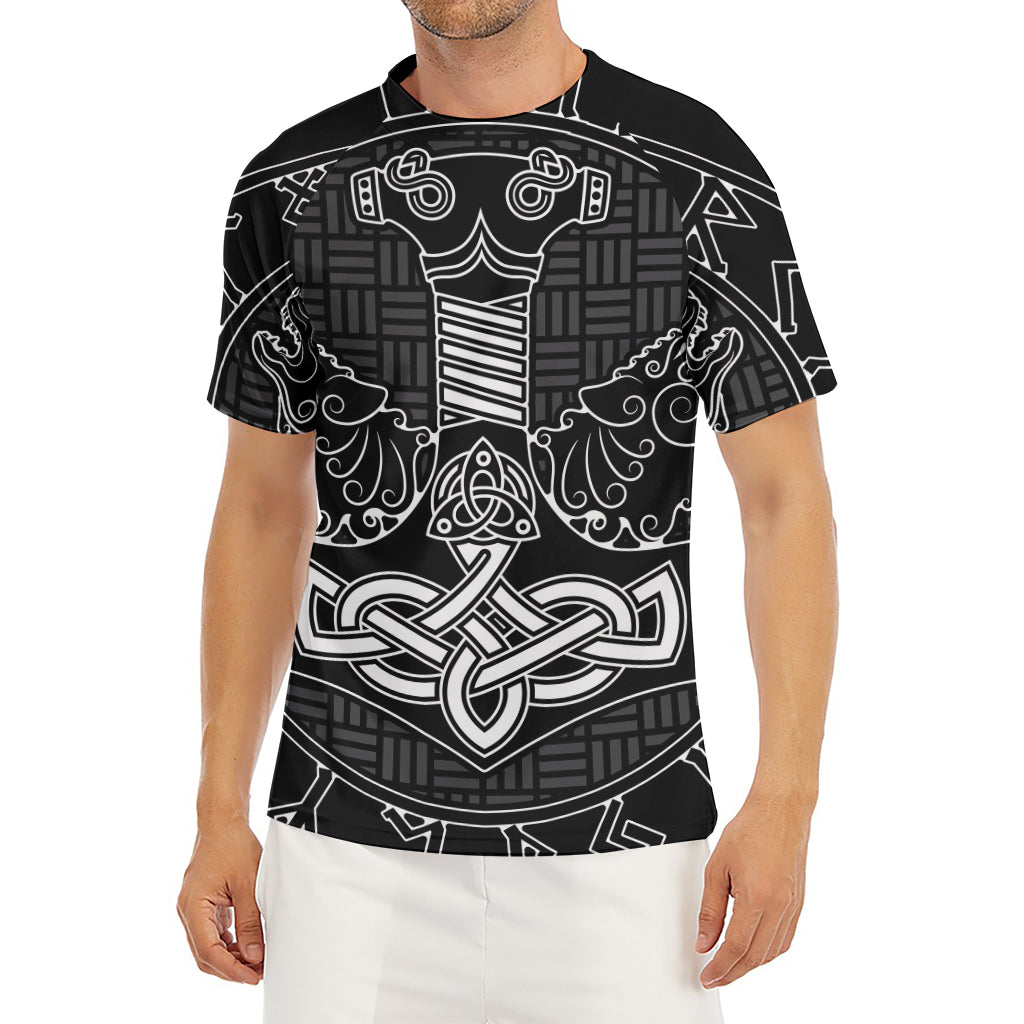 Mjolnir And Scandinavian Runes Print Men's Short Sleeve Rash Guard