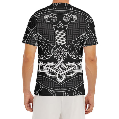 Mjolnir And Scandinavian Runes Print Men's Short Sleeve Rash Guard