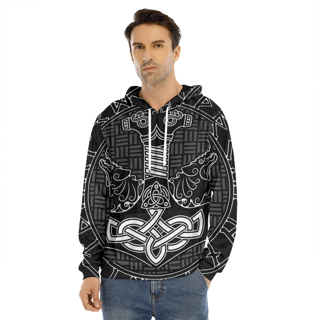 Mjolnir And Scandinavian Runes Print Men's Velvet Pullover Hoodie