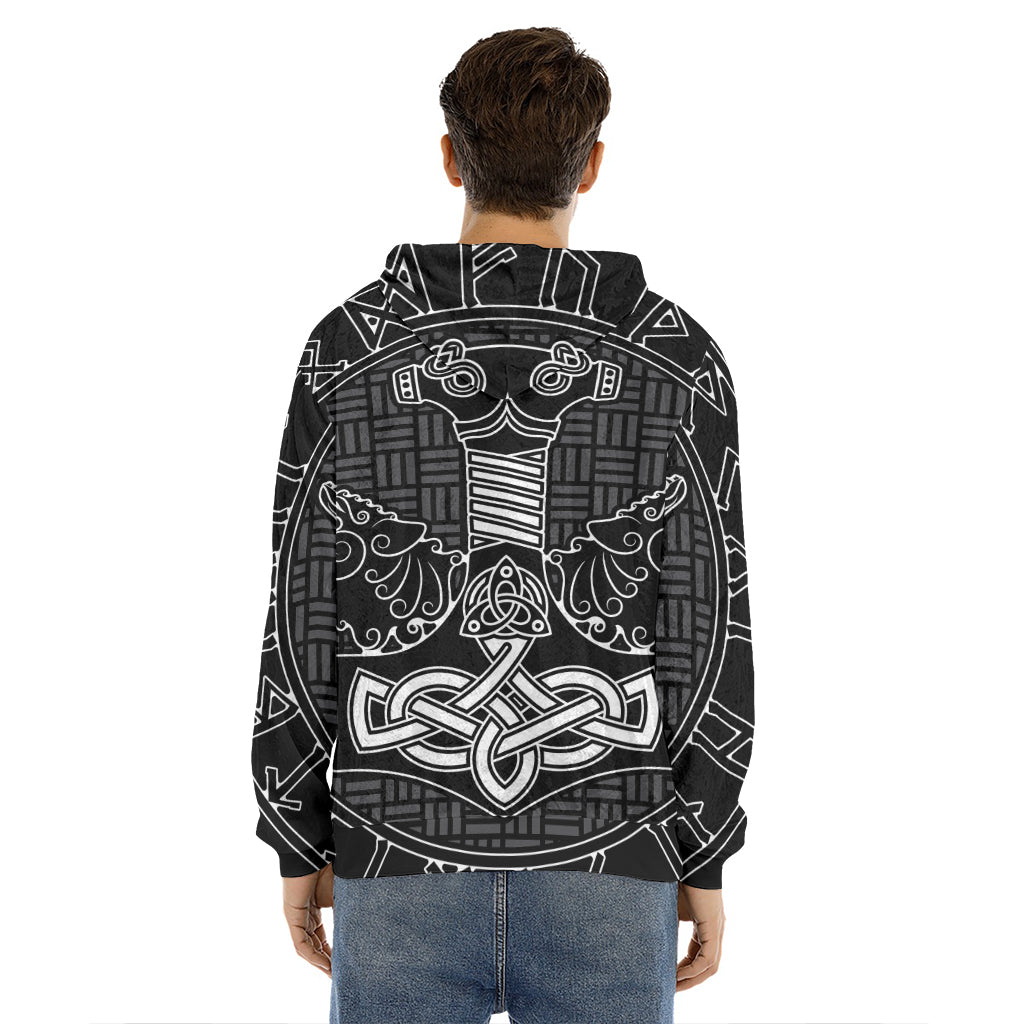 Mjolnir And Scandinavian Runes Print Men's Velvet Pullover Hoodie