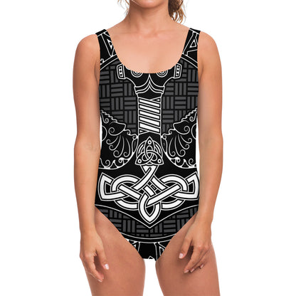 Mjolnir And Scandinavian Runes Print One Piece Swimsuit