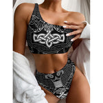 Mjolnir And Scandinavian Runes Print One Shoulder Bikini Top
