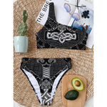 Mjolnir And Scandinavian Runes Print One Shoulder Bikini Top