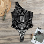 Mjolnir And Scandinavian Runes Print One Shoulder Bodysuit