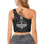 Mjolnir And Scandinavian Runes Print One Shoulder Crop Top