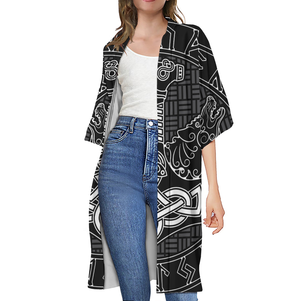 Mjolnir And Scandinavian Runes Print Open Front Beach Cover Up