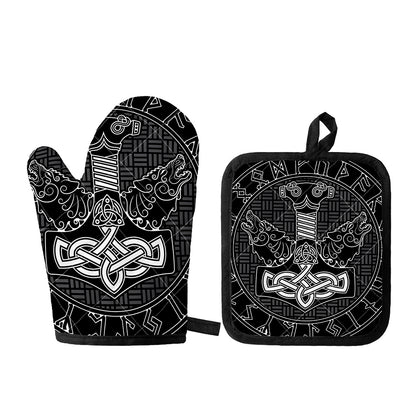 Mjolnir And Scandinavian Runes Print Oven Mitt And Pot Holder Set
