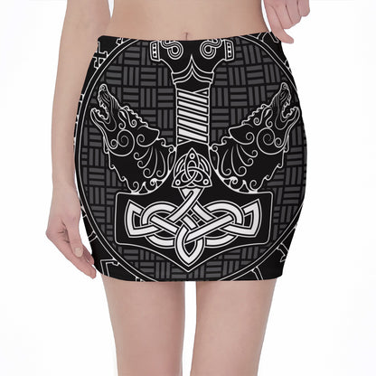 Mjolnir And Scandinavian Runes Print Pencil Mini Skirt