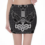 Mjolnir And Scandinavian Runes Print Pencil Mini Skirt