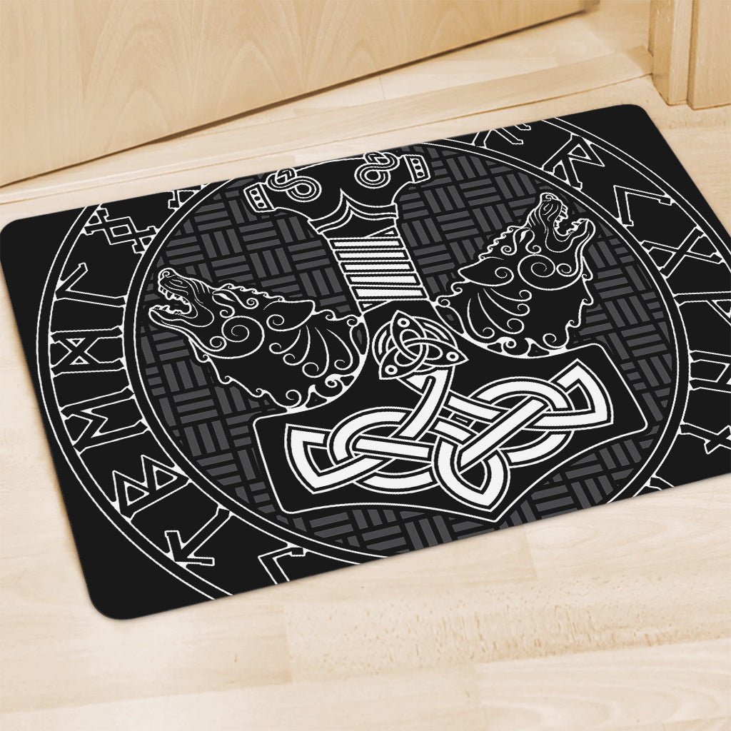 Mjolnir And Scandinavian Runes Print Polyester Doormat