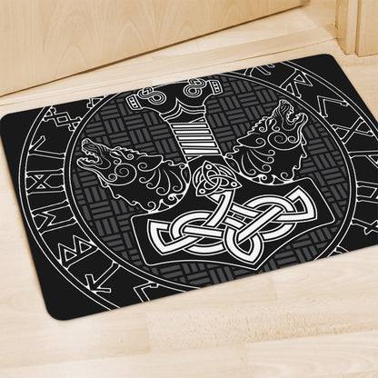Mjolnir And Scandinavian Runes Print Polyester Doormat