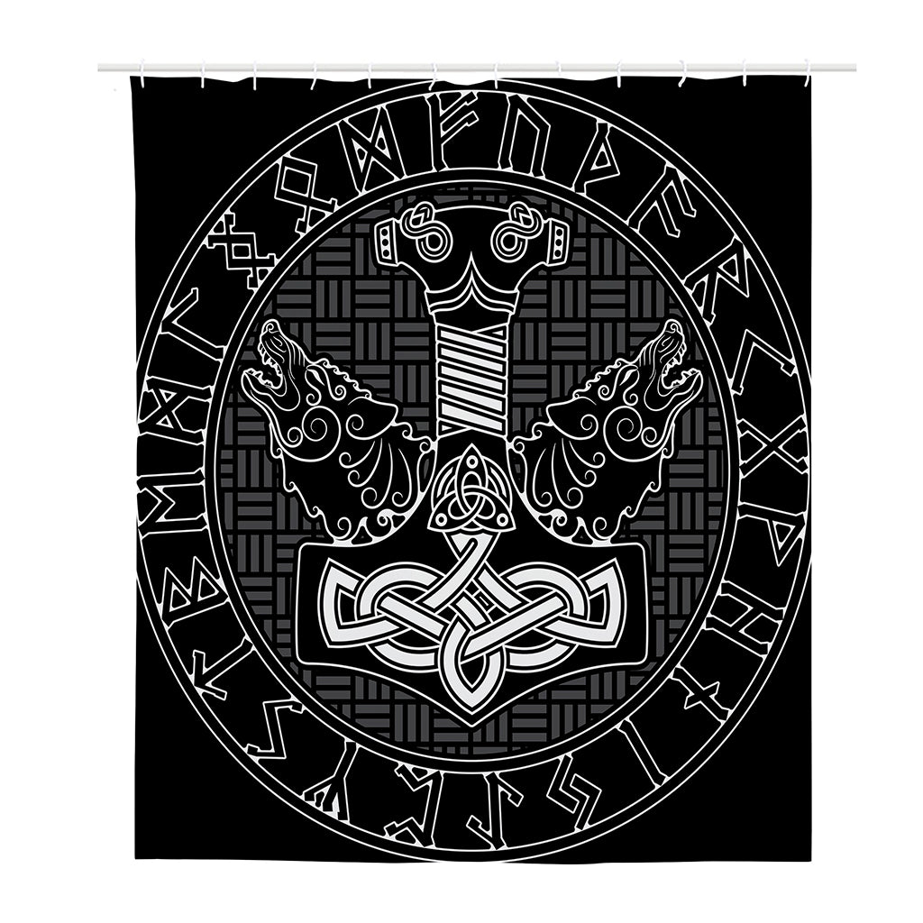 Mjolnir And Scandinavian Runes Print Polyester Shower Curtain