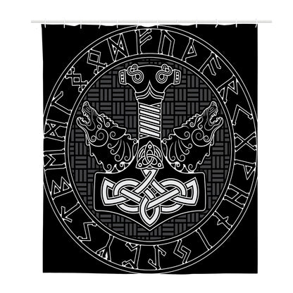 Mjolnir And Scandinavian Runes Print Polyester Shower Curtain