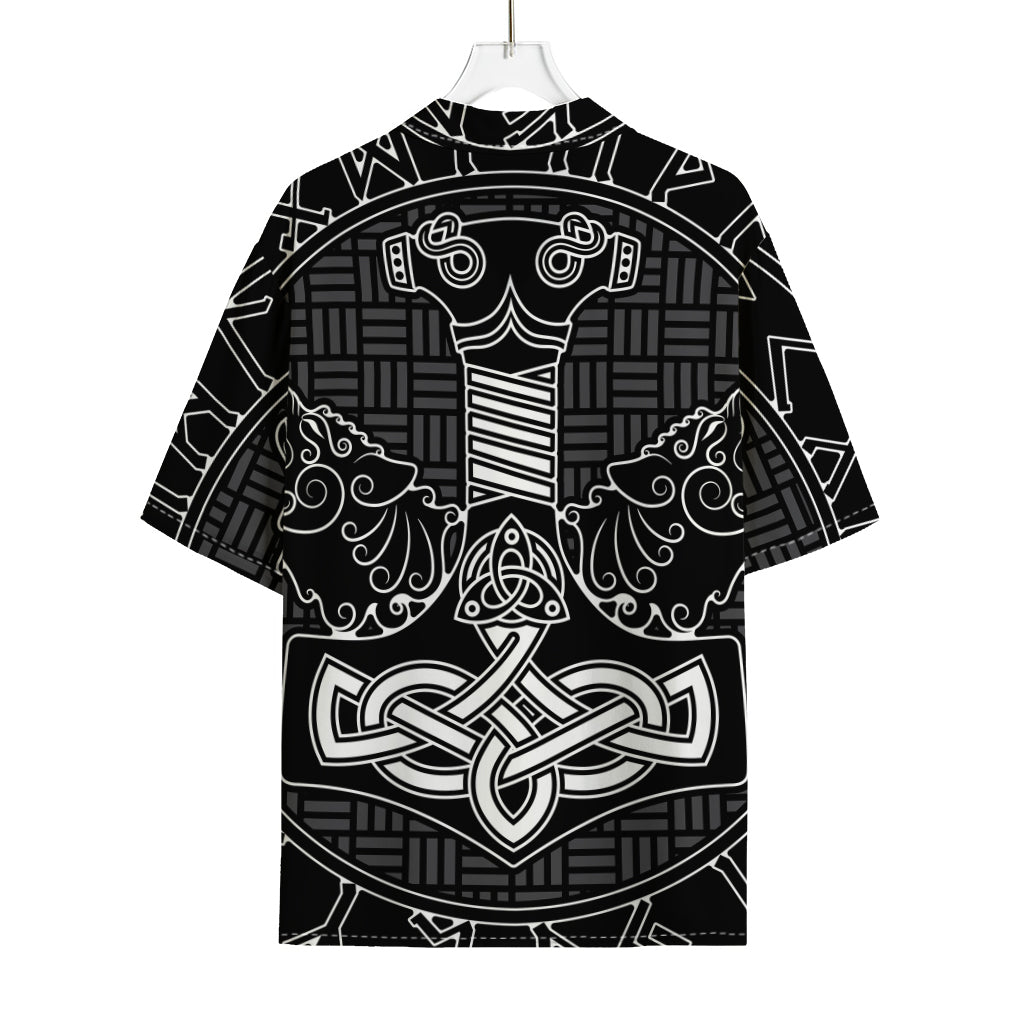 Mjolnir And Scandinavian Runes Print Rayon Hawaiian Shirt