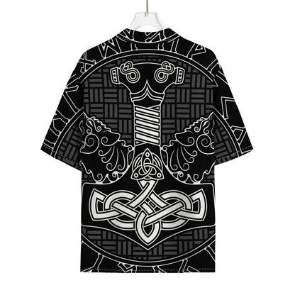 Mjolnir And Scandinavian Runes Print Rayon Hawaiian Shirt