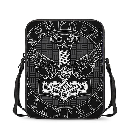 Mjolnir And Scandinavian Runes Print Rectangular Crossbody Bag