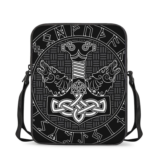 Mjolnir And Scandinavian Runes Print Rectangular Crossbody Bag